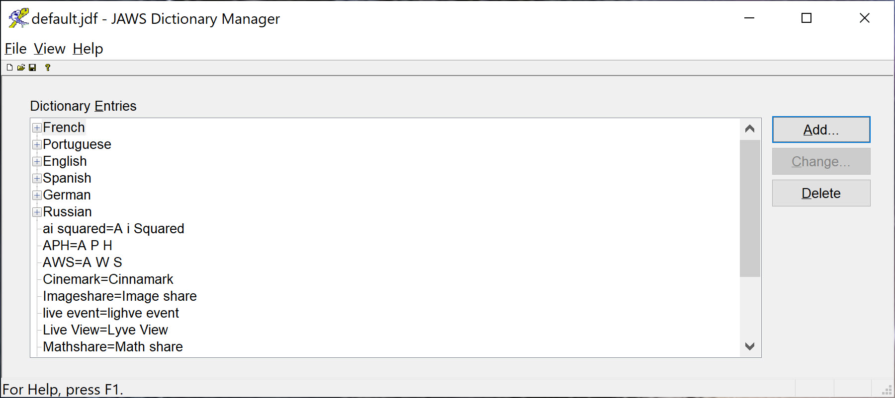 The default Dictionary Manager dialog box